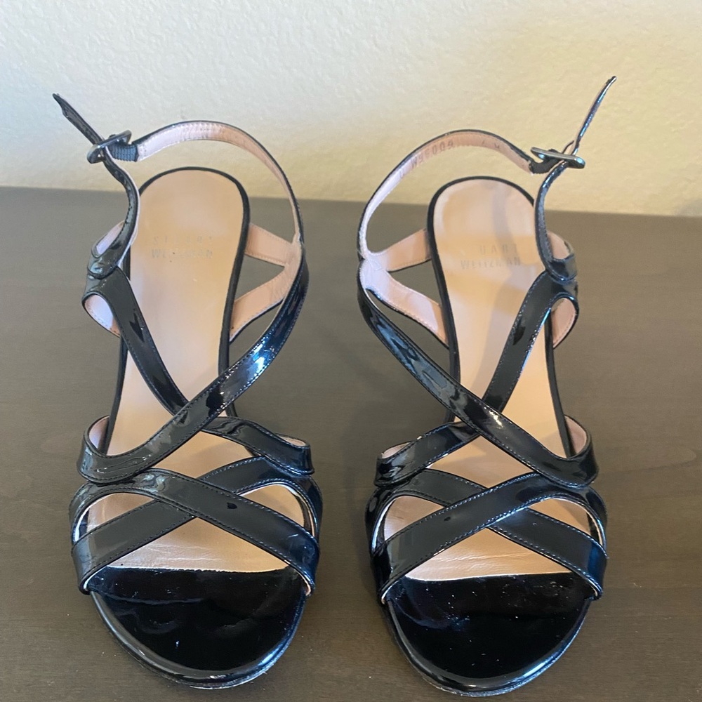 Price Reduction - Stuart Weitzman patent leather, strapped heel sandal.